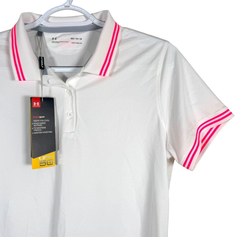 Under Armour HeatGear Golf Polo Womens M White Pink Striped UPF 50 Short Sleeve